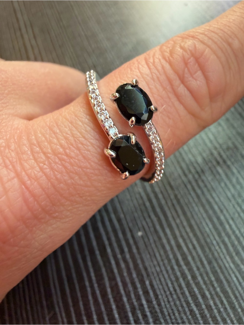 Sterling Silver Black Stone Open Ring with Pave Accents